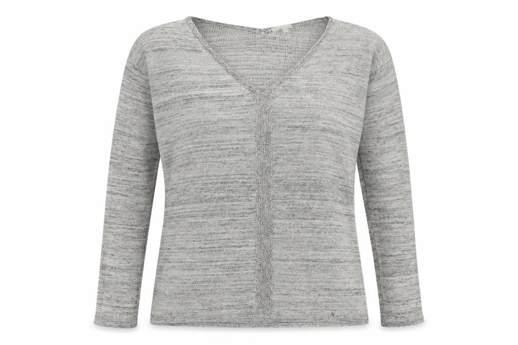 Front view of Grain de Malice women’s grey v-neck acrylic jumper, size S