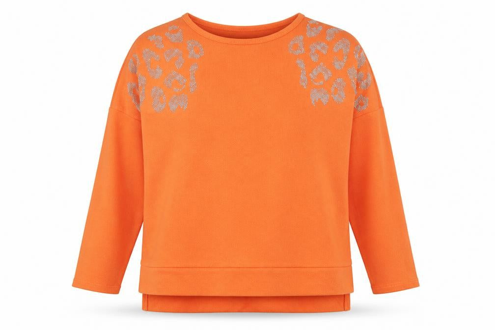 Front view of Milanzi women’s orange animal print viscose pullover sweatshirt, size UK 6, pullover - leopard pattern