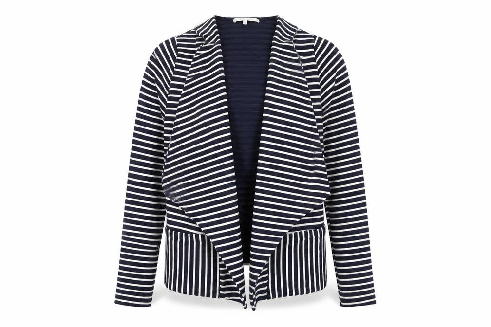 Front view of Lakeland women’s blue striped jacket, size S
