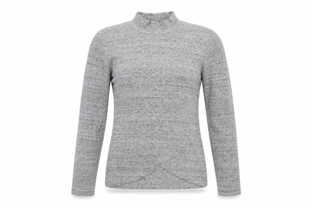 Front view of Bershka women’s grey polyester basic t-shirt, size L, mock neck