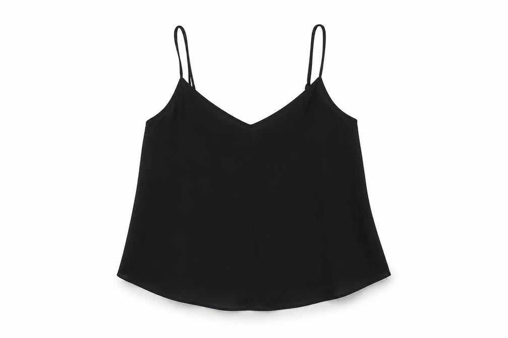 Front view of Topshop women’s black polyester basic tank, size UK 10, v-neck
