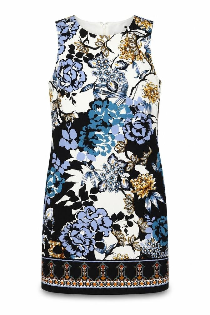 Front view of Warehouse women’s multicoloured floral viscose shift, size UK 10, boat neck zip