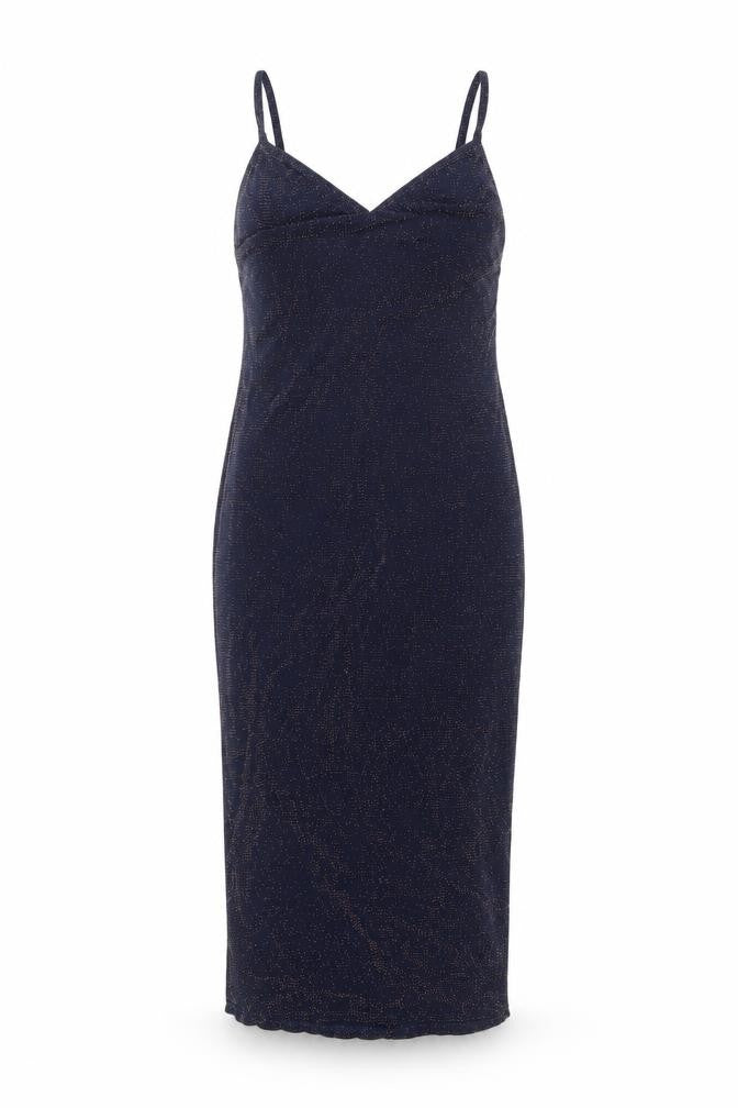 Front view of Boohoo women’s blue nylon slip dress, size UK 12, v-neck pullover