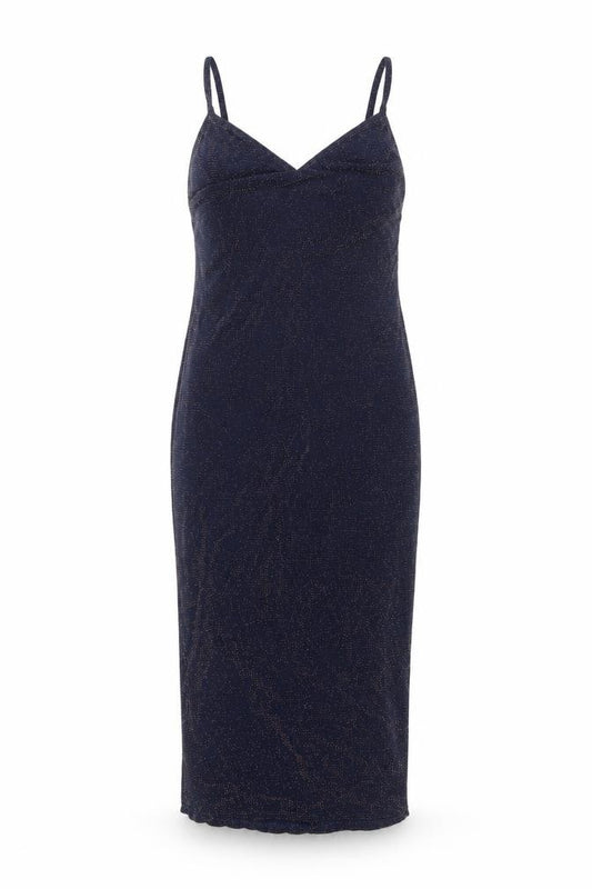 Front view of Boohoo women’s blue nylon slip dress, size UK 12, v-neck pullover
