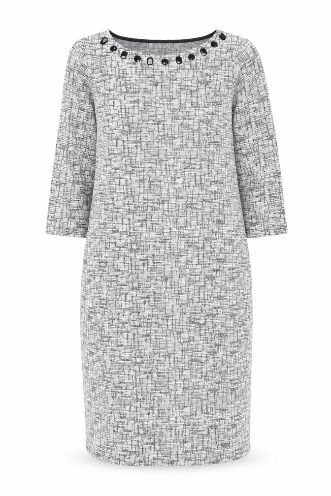 Front view of ANTEA women’s grey geometric polyester sheath, size M, boat neck pullover