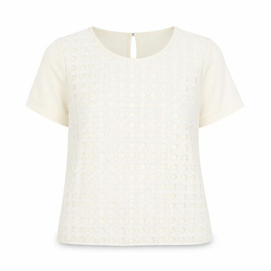 Front view of Marks & Spencer women’s ivory geometric polyester basic t-shirt, size UK 14, round neck