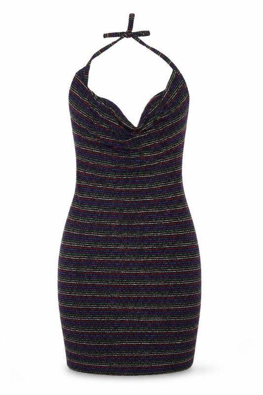 Front view of PRETTYLITTLETHING women’s black striped polyacrylate fibre bodycon, size UK 10, halter tie