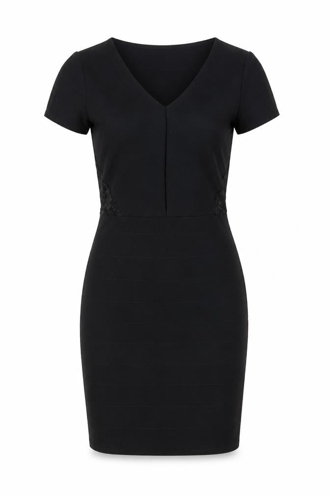 Front view of Boohoo women’s black polyester shift, size UK 10, v-neck pullover - lace details