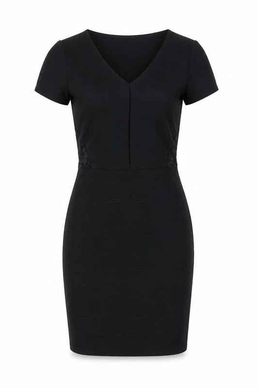 Front view of Boohoo women’s black polyester shift, size UK 10, v-neck pullover - lace details