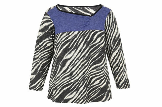 Front view of Collection London women’s multicoloured round neck animal print acrylic jumper, - zebra pattern