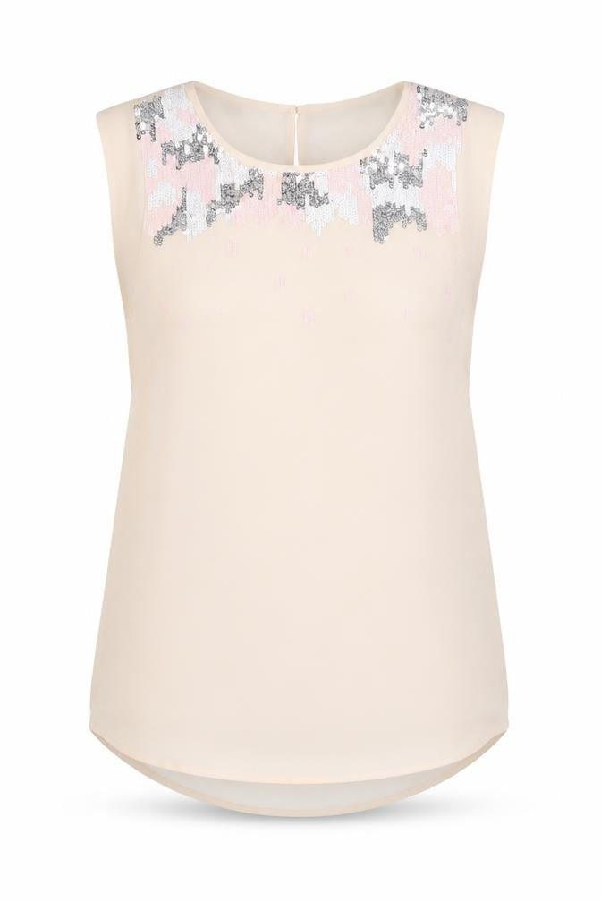 Front view of French Connection women’s pink polyester basic tank, size UK 8, round neck
