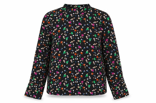 Front view of Warehouse women’s multicoloured geometric polyester basic blouse, size UK 12, mock neck - open back