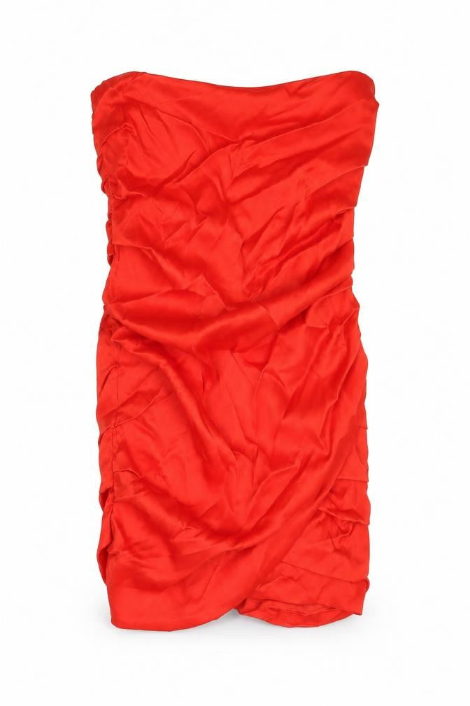 Front view of Zara women’s red polyester bodycon, size XS, off the shoulder zip