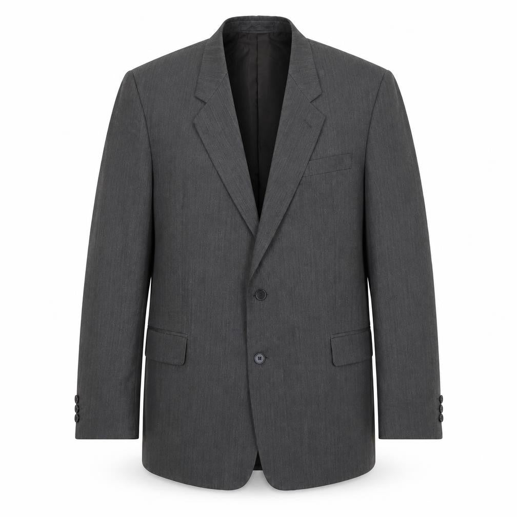 Front view of Pin stripe men’s grey polyester jacket suit jacket, size L, regular