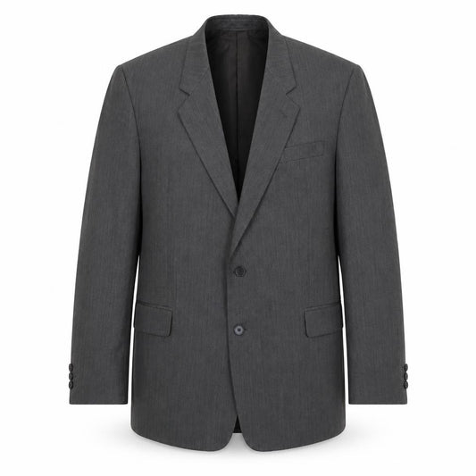 Front view of Pin stripe men’s grey polyester jacket suit jacket, size L, regular