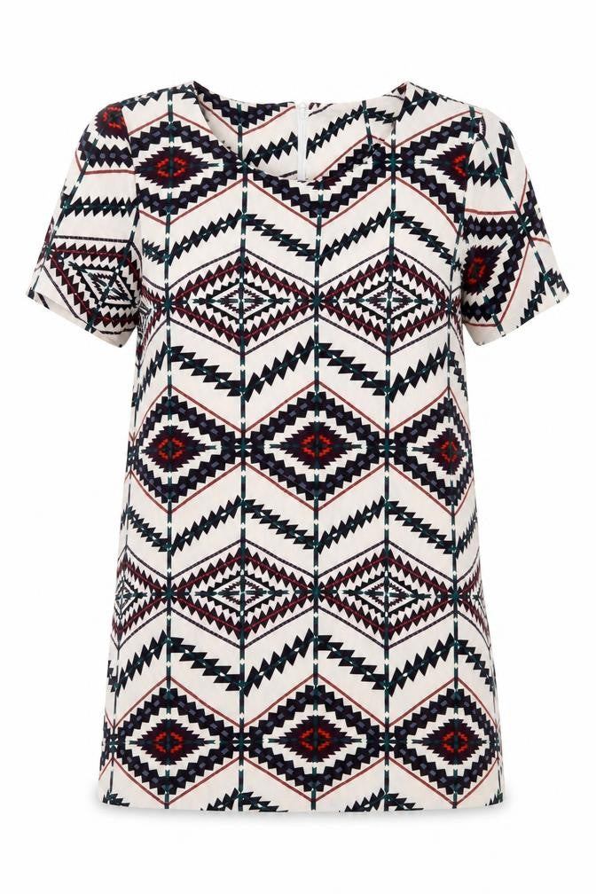 Front view of Hearts & Bows women’s multicoloured geometric polyester basic t-shirt, size UK 10, round neck