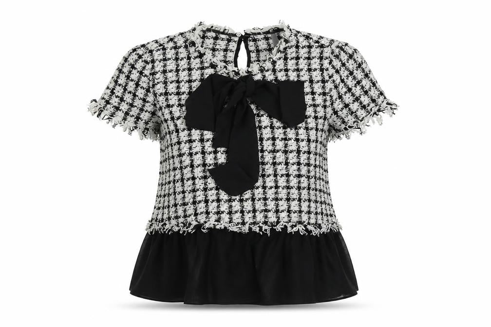 Front view of Zara women’s black check polyester basic t-shirt, size L, round neck