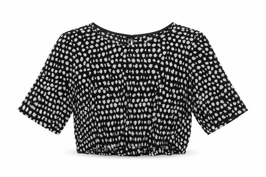 Front view of ASOS women’s black geometric polyester cropped t-shirt, size UK 12, round neck