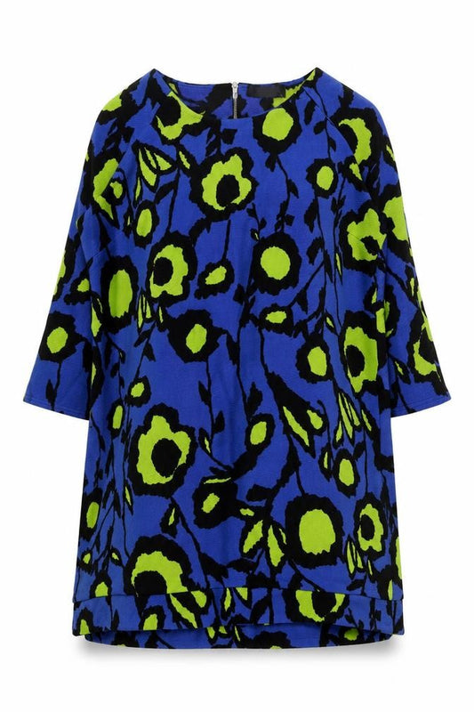 Front view of Zuppe women’s blue geometric polyester a-line, size UK 4, boat neck zip