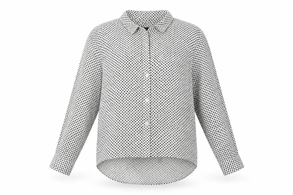 Front view of Velvet Heart women’s black geometric viscose basic button-up, size S, collared