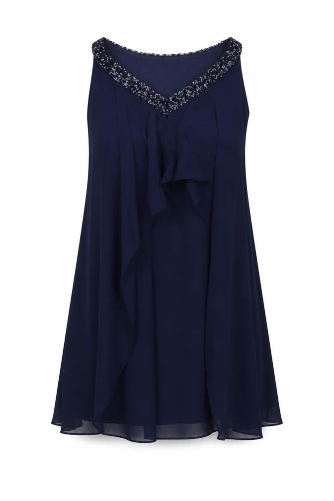Front view of Monsoon women’s blue polyester a-line, size UK 8, v-neck pullover