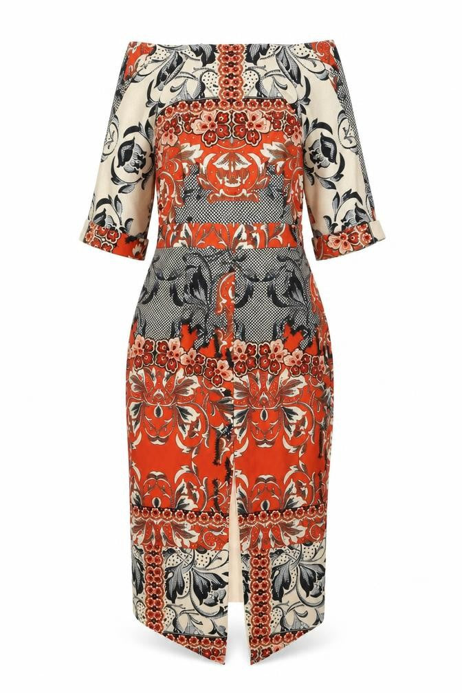 Front view of ASOS women’s multicoloured geometric polyester sheath, size UK 10, boat neck zip