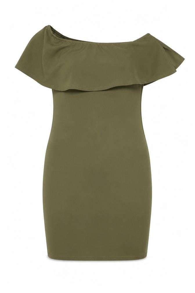 Front view of PRETTYLITTLETHING women’s green polyester bodycon, size UK 10, off the shoulder pullover
