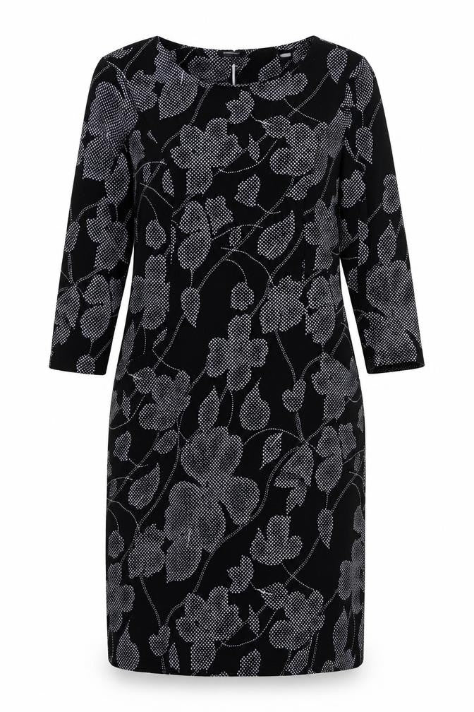 Front view of Roman women’s black floral polyester sheath, size UK 10, boat neck pullover