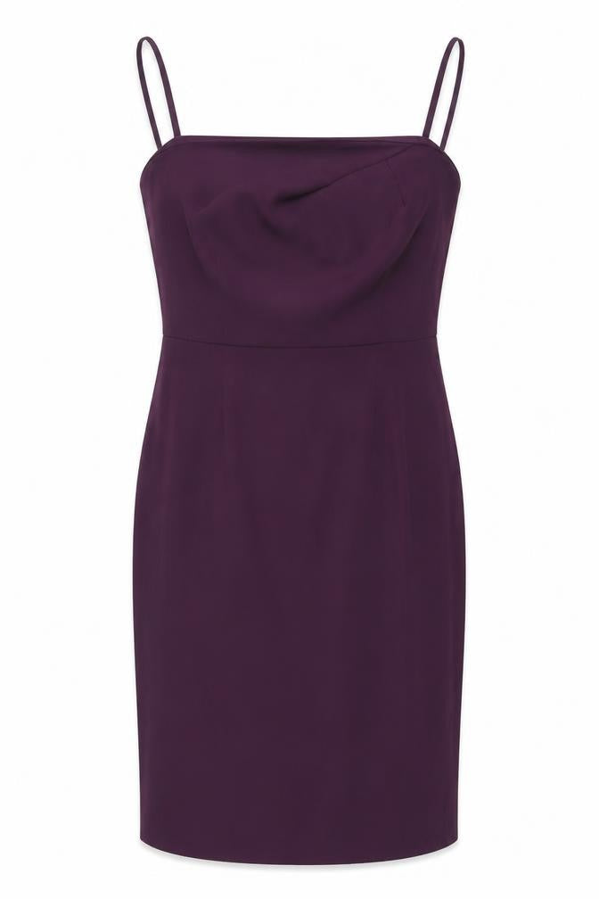 Front view of Rochelle Humes women’s purple polyester shift, size UK 12, square neck zip