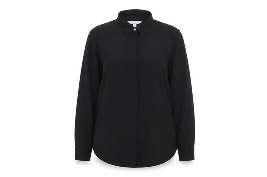 Front view of H&M women’s black polyester basic button-up, size UK 10, collared