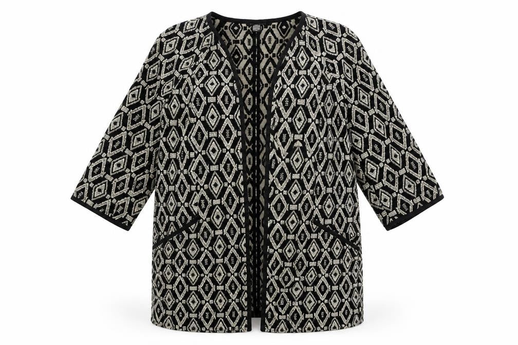 Front view of Suite Blanco women’s black geometric kimono jacket, size XS