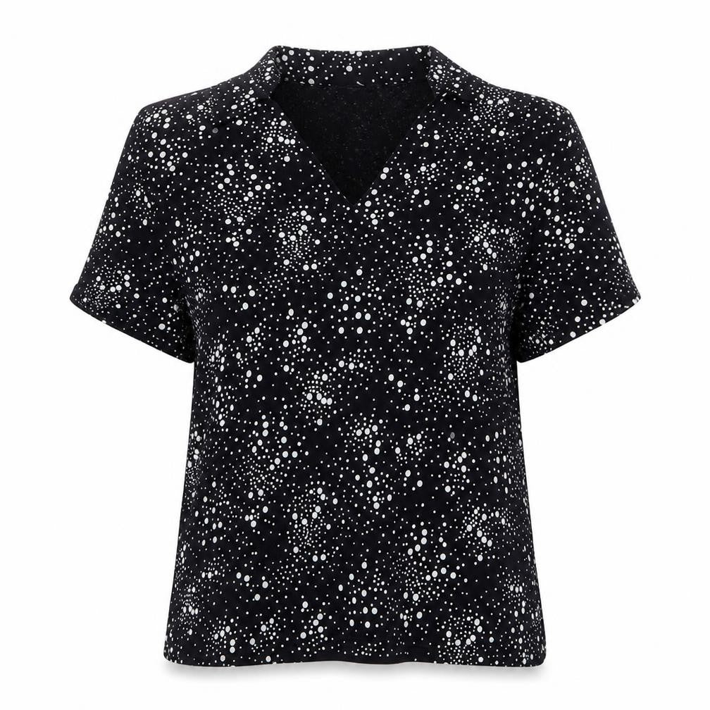 Front view of Roman women’s blue geometric acetate basic t-shirt, size S, collared -, size S/m