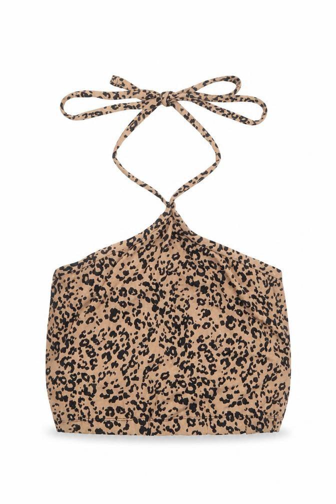 Front view of Next women’s brown animal print polyester cropped tank, size UK 6, halter - leopard pattern