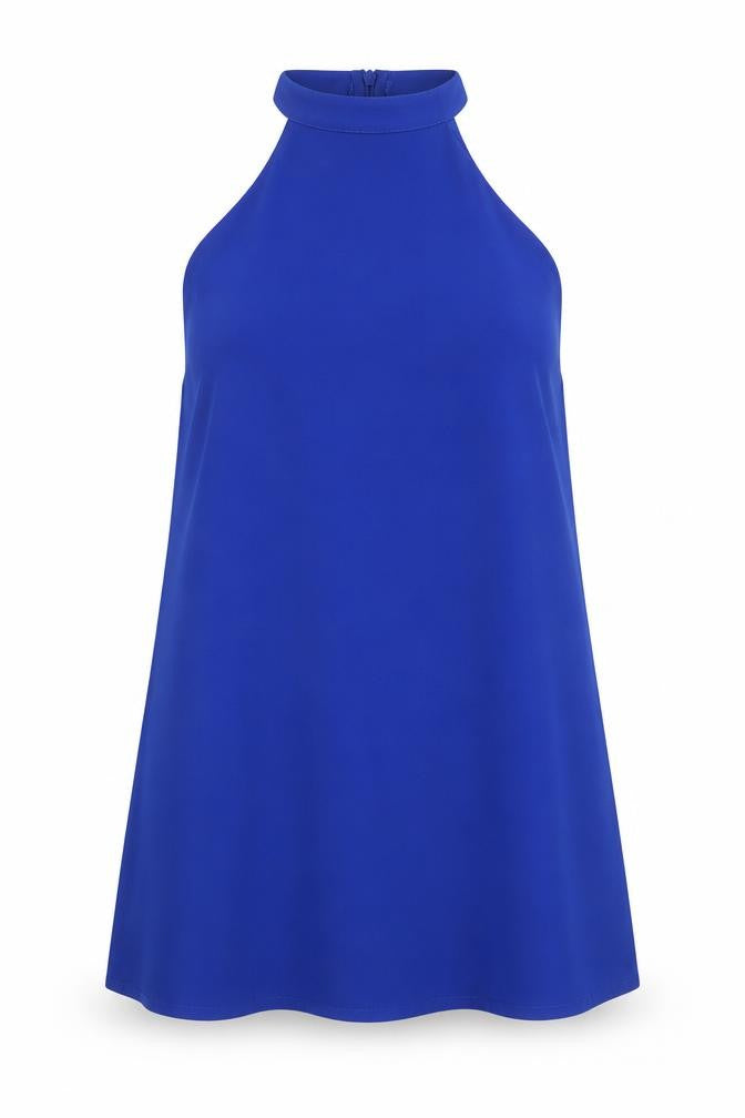 Front view of Missguided women’s blue polyester trapeze & swing, size UK 12, halter zip