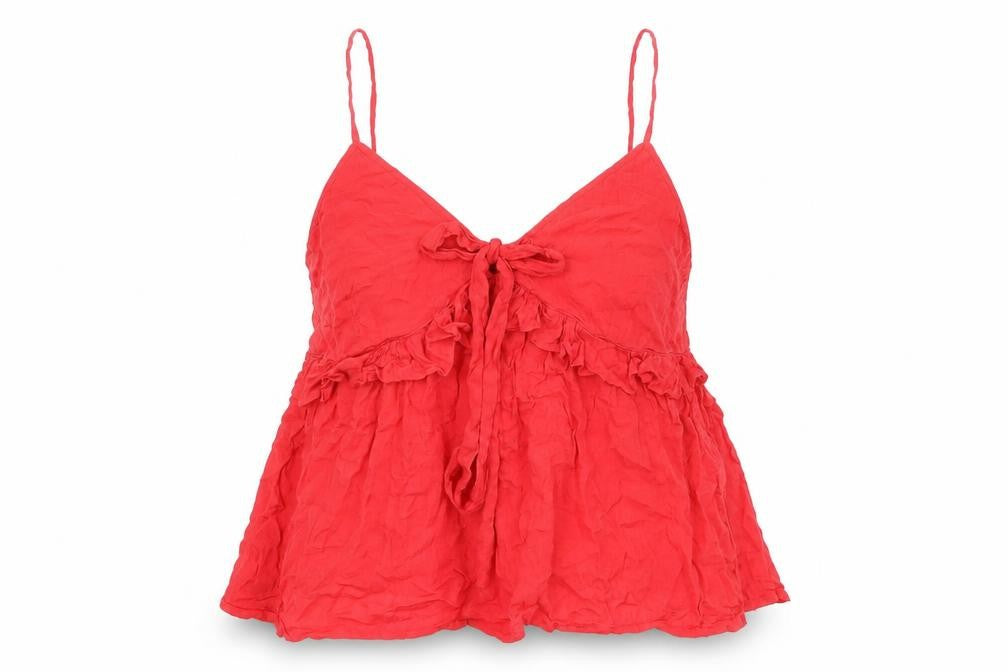 Front view of New Look women’s red viscose basic tank, size UK 12, v-neck