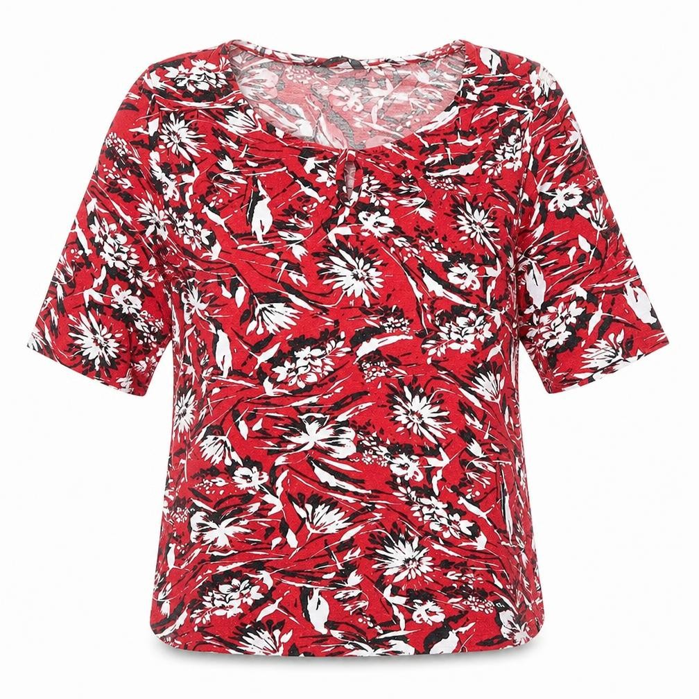 Front view of M&Co women’s red floral viscose basic t-shirt, size UK 10, round neck