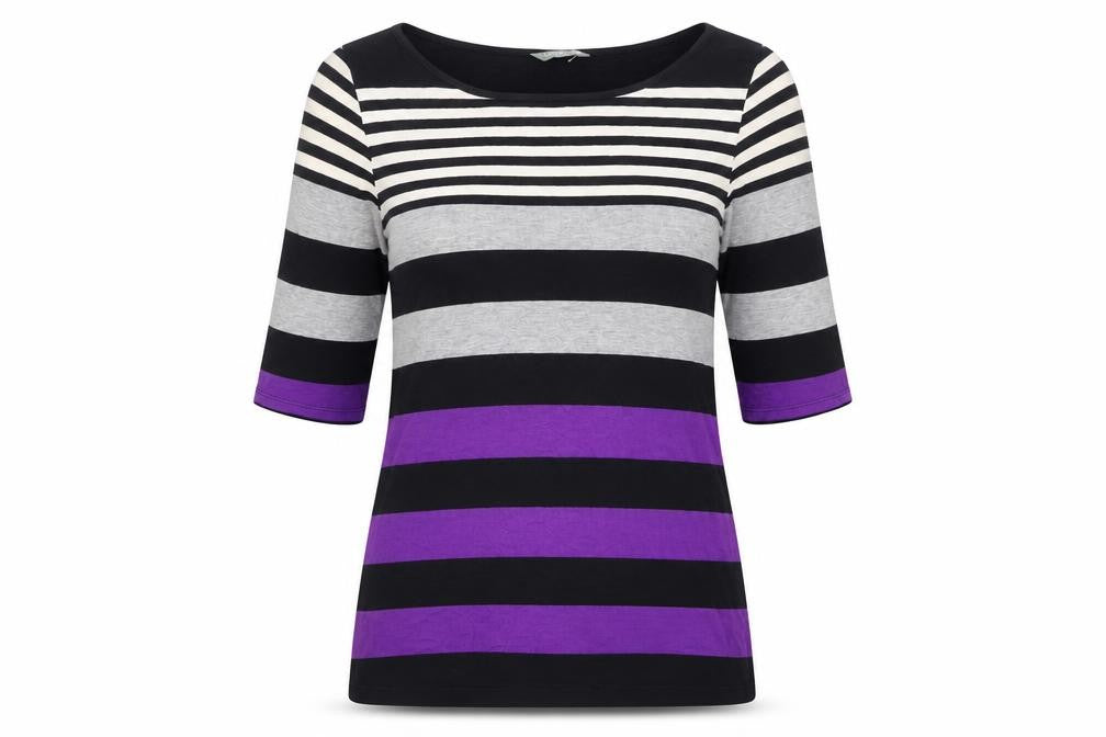Front view of Marks & Spencer women’s multicoloured striped viscose basic t-shirt, size UK 8, boat neck