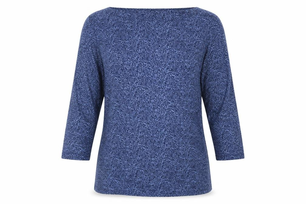 Front view of Marks & Spencer women’s blue geometric 100% cotton basic blouse, size UK 12, round neck