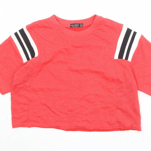 Bershka Girls Red Striped Cotton Cropped T-Shirt Size S Round Neck Pullover