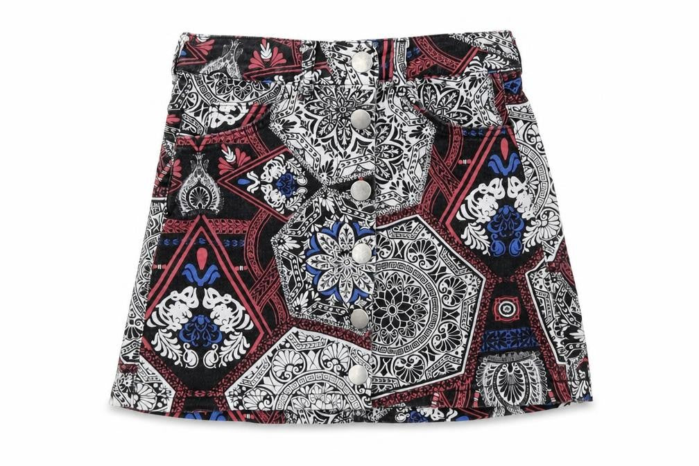 Front view of Skrit women’s multicoloured geometric cotton mini skirt, size UK 8, button
