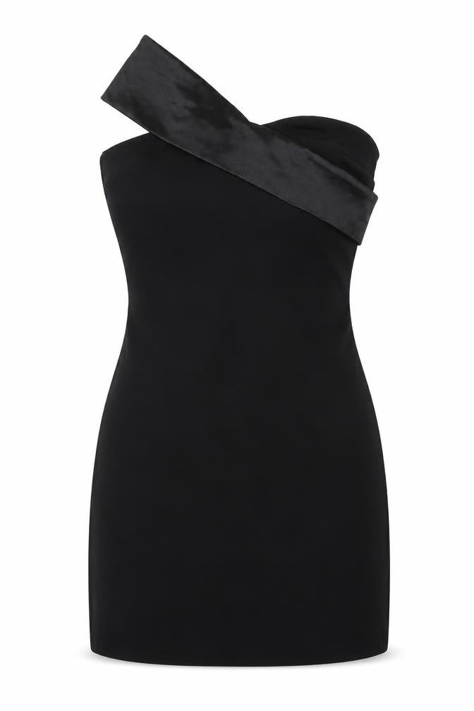 Front view of In the Style women’s black polyester bodycon, size UK 8, one shoulder zip