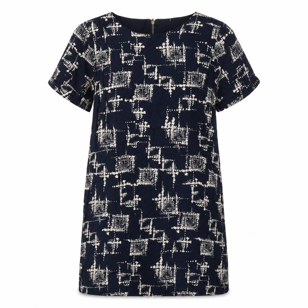 Front view of Louche women’s blue geometric viscose shift, size UK 10, boat neck zip