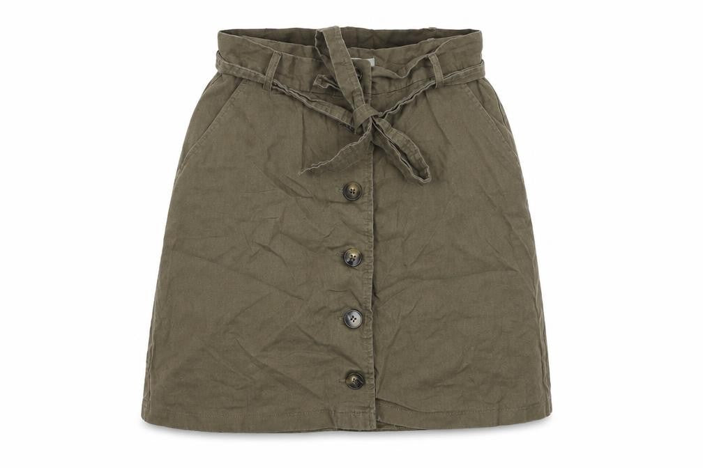 Front view of ASOS women’s green cotton a-line skirt, size UK 10, regular button