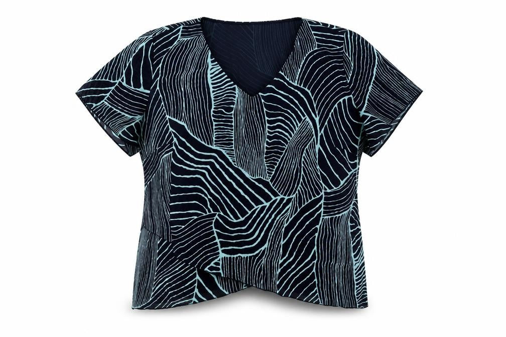 Front view of Chianti women’s blue geometric polyester basic blouse, size UK 20, v-neck
