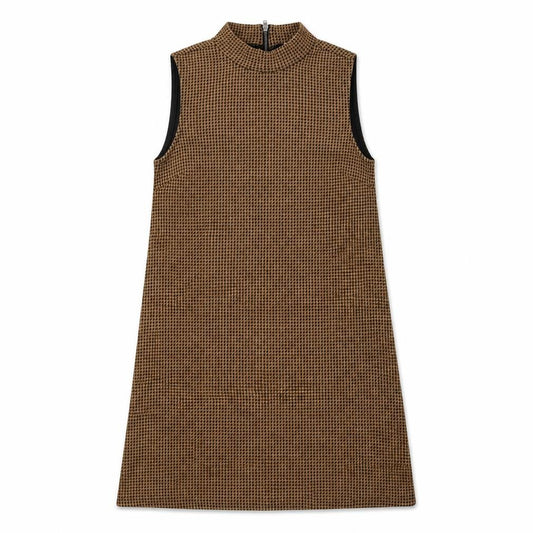 Front view of Cooperative women’s brown geometric acrylic a-line, size XS, mock neck zip