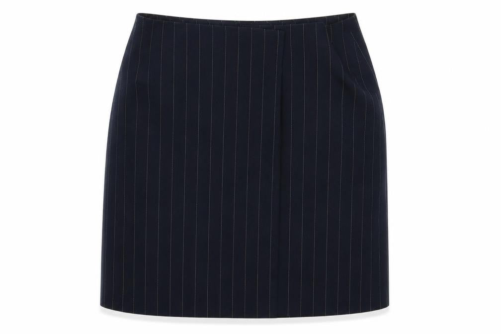 Front view of Collusion women’s blue striped polyester a-line skirt, size UK 12, button