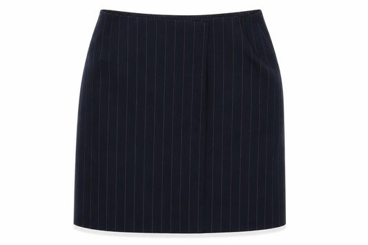Front view of Collusion women’s blue striped polyester a-line skirt, size UK 12, button