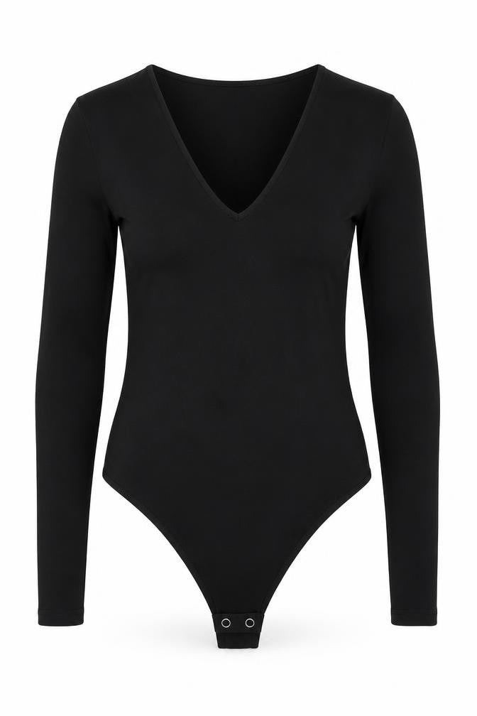 Front view of Boa women’s black polyester bodysuit one-piece, size S, snap