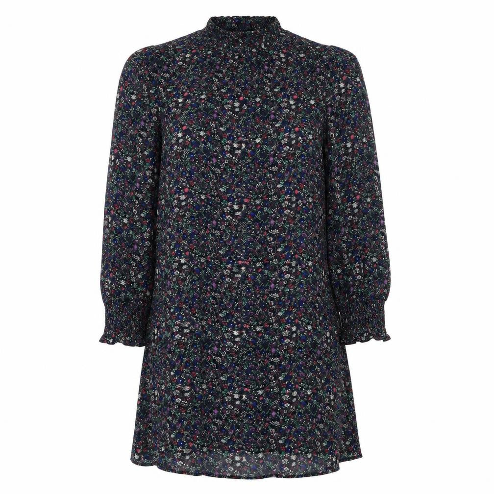 Marks and Spencer Womens Black Floral Viscose A-Line Size 8 Mock Neck Button