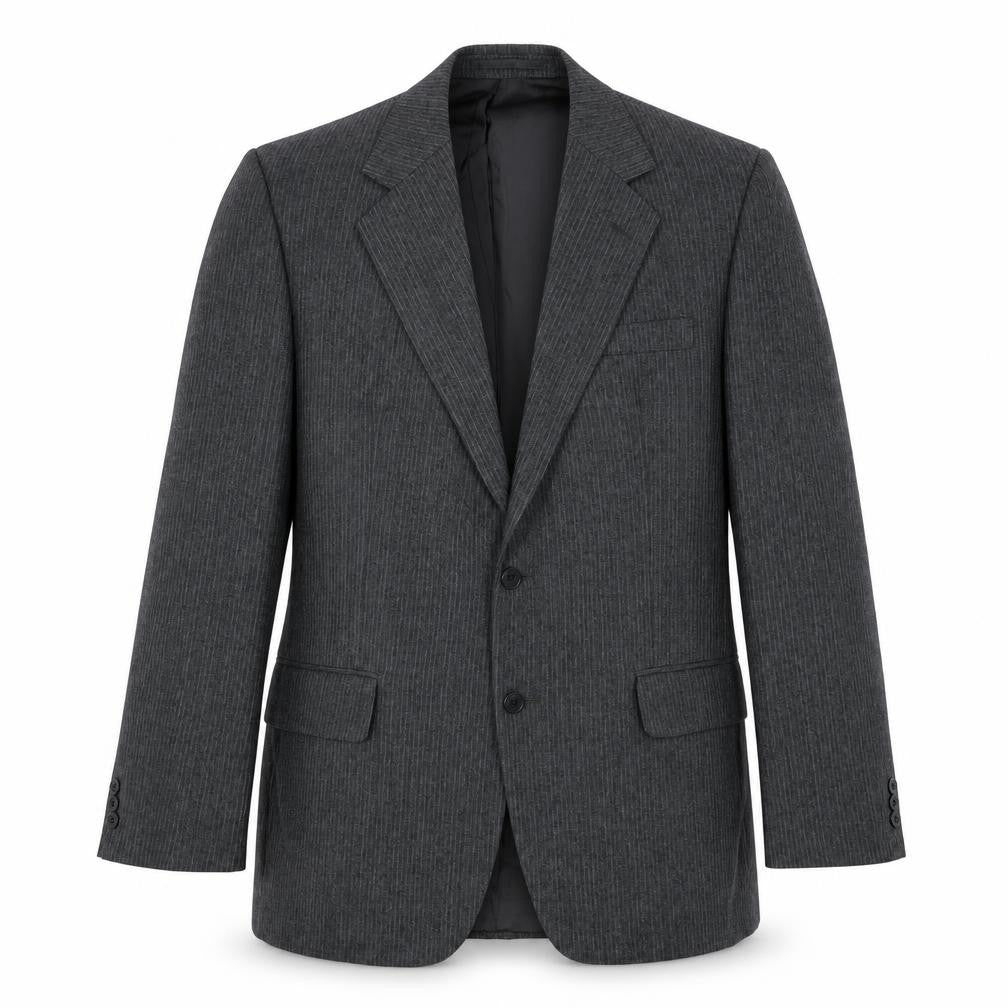 Front view of Burton men’s grey striped polyester jacket suit jacket, size 38, regular